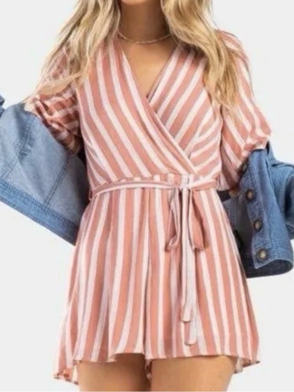 Trixxi V-Neck & Back, Ties, Striped Short Romper Jumpsuit Women's Large